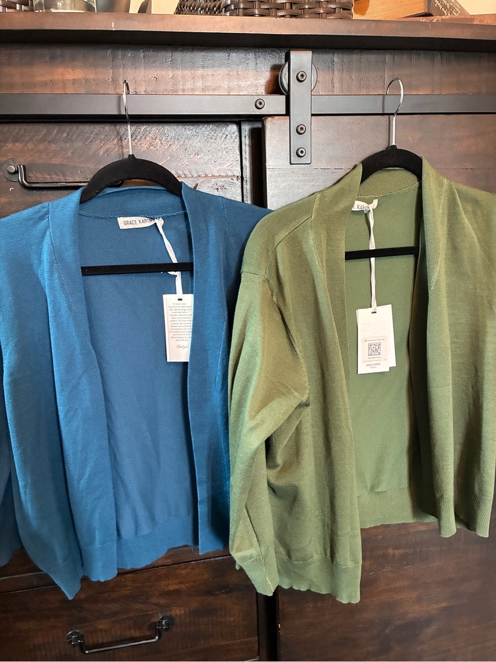 Two NWT Grace Karin Open-Front Knit Cardigans in Blue and Green XL
